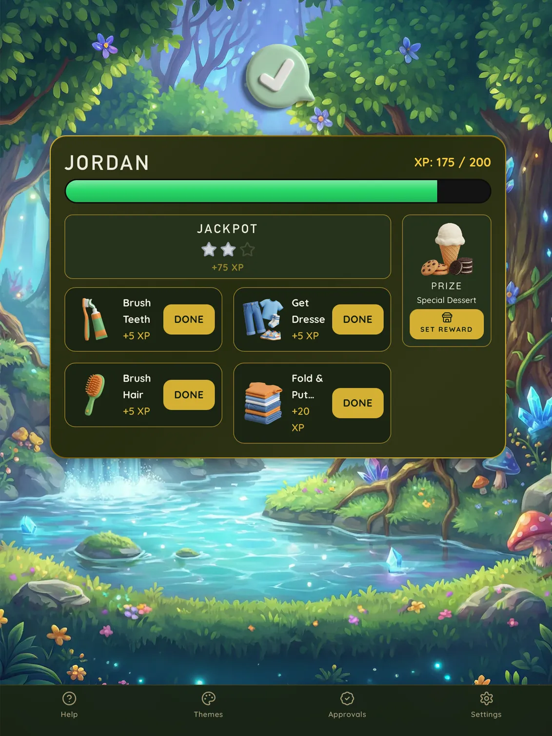Kids Chore Chart app running on an iPad showing quests and rewards